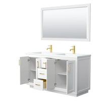 Load image into Gallery viewer, Wyndham Collection Vanity Wyndham Collection WCF292960DWGK1INTM58 Miranda 60 Inch Double Bathroom Vanity in White, 1.25 Inch Thick Matte White Solid Surface Countertop, Integrated Sinks, Brushed Gold Trim, 58 Inch Mirror