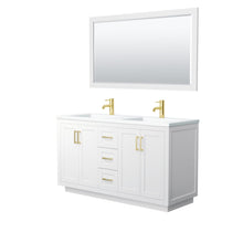 Load image into Gallery viewer, Wyndham Collection Vanity Wyndham Collection WCF292960DWGK1INTM58 Miranda 60 Inch Double Bathroom Vanity in White, 1.25 Inch Thick Matte White Solid Surface Countertop, Integrated Sinks, Brushed Gold Trim, 58 Inch Mirror