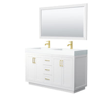 Load image into Gallery viewer, Wyndham Collection Vanity Wyndham Collection WCF292960DWGK4INTM58 Miranda 60 Inch Double Bathroom Vanity in White, 4 Inch Thick Matte White Solid Surface Countertop, Integrated Sinks, Brushed Gold Trim, 58 Inch Mirror