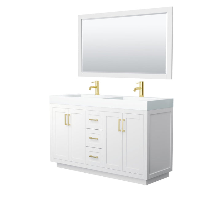 Wyndham Collection Vanity Wyndham Collection WCF292960DWGK4INTM58 Miranda 60 Inch Double Bathroom Vanity in White, 4 Inch Thick Matte White Solid Surface Countertop, Integrated Sinks, Brushed Gold Trim, 58 Inch Mirror