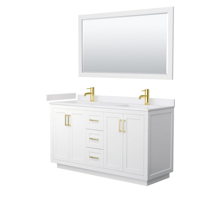 Wyndham Collection Vanity Wyndham Collection WCF292960DWGWCUNSM58 Miranda 60 Inch Double Bathroom Vanity in White, White Cultured Marble Countertop, Undermount Square Sinks, Brushed Gold Trim, 58 Inch Mirror