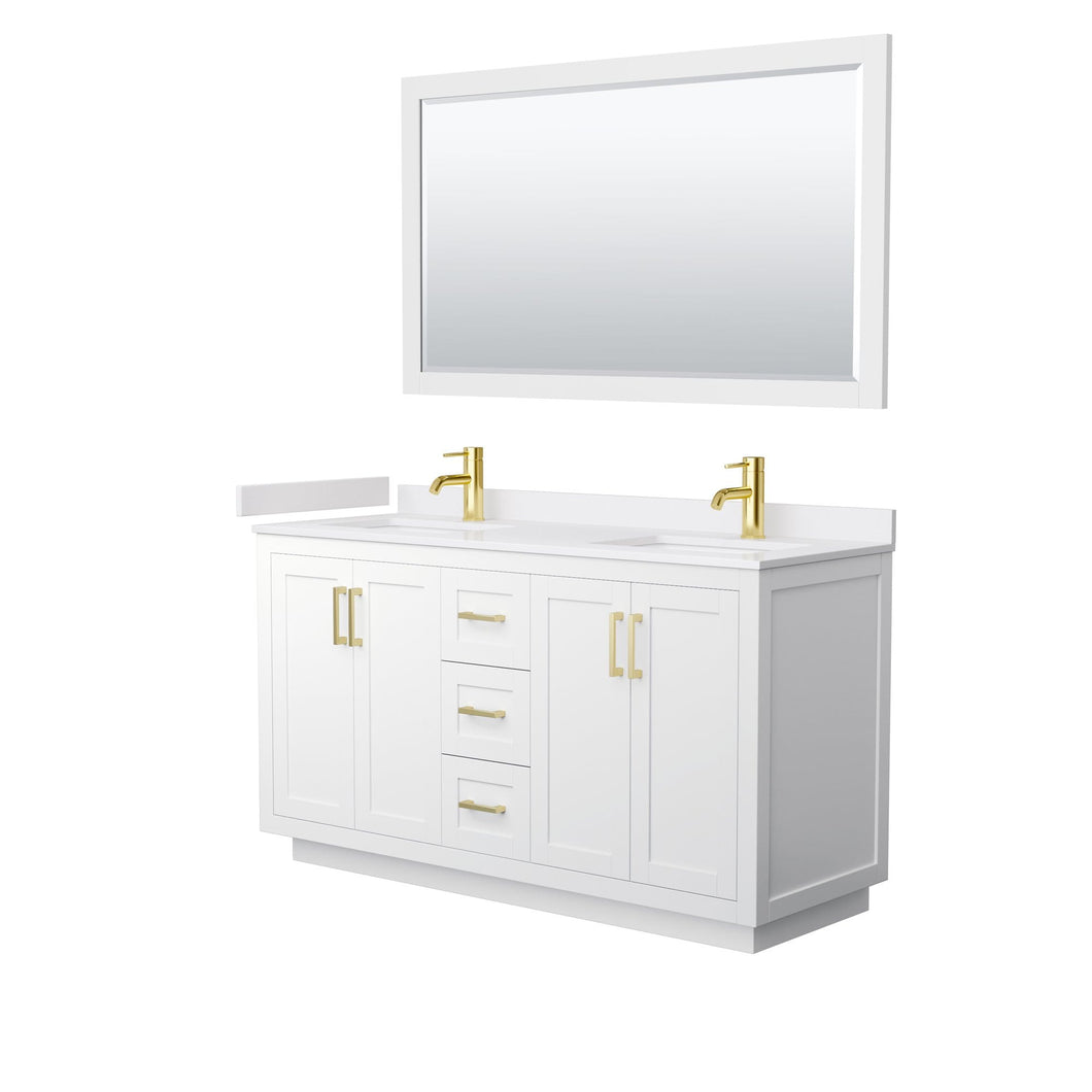 Wyndham Collection Vanity Wyndham Collection WCF292960DWGWCUNSM58 Miranda 60 Inch Double Bathroom Vanity in White, White Cultured Marble Countertop, Undermount Square Sinks, Brushed Gold Trim, 58 Inch Mirror