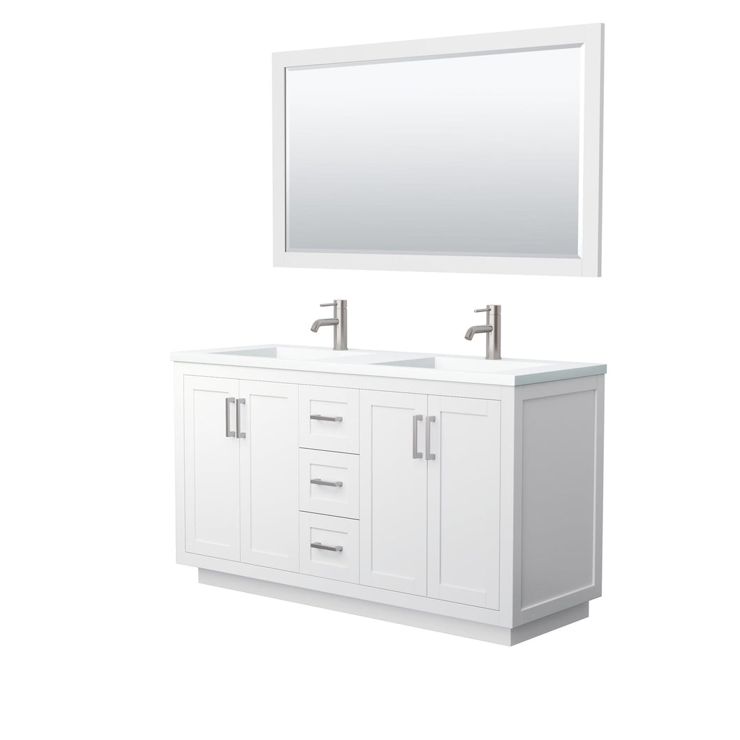 Wyndham Collection Vanity Wyndham Collection WCF292960DWHK1INTM58 Miranda 60 Inch Double Bathroom Vanity in White, 1.25 Inch Thick Matte White Solid Surface Countertop, Integrated Sinks, Brushed Nickel Trim, 58 Inch Mirror