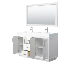 Wyndham Collection Vanity Wyndham Collection WCF292960DWHK4INTM58 Miranda 60 Inch Double Bathroom Vanity in White, 4 Inch Thick Matte White Solid Surface Countertop, Integrated Sinks, Brushed Nickel Trim, 58 Inch Mirror