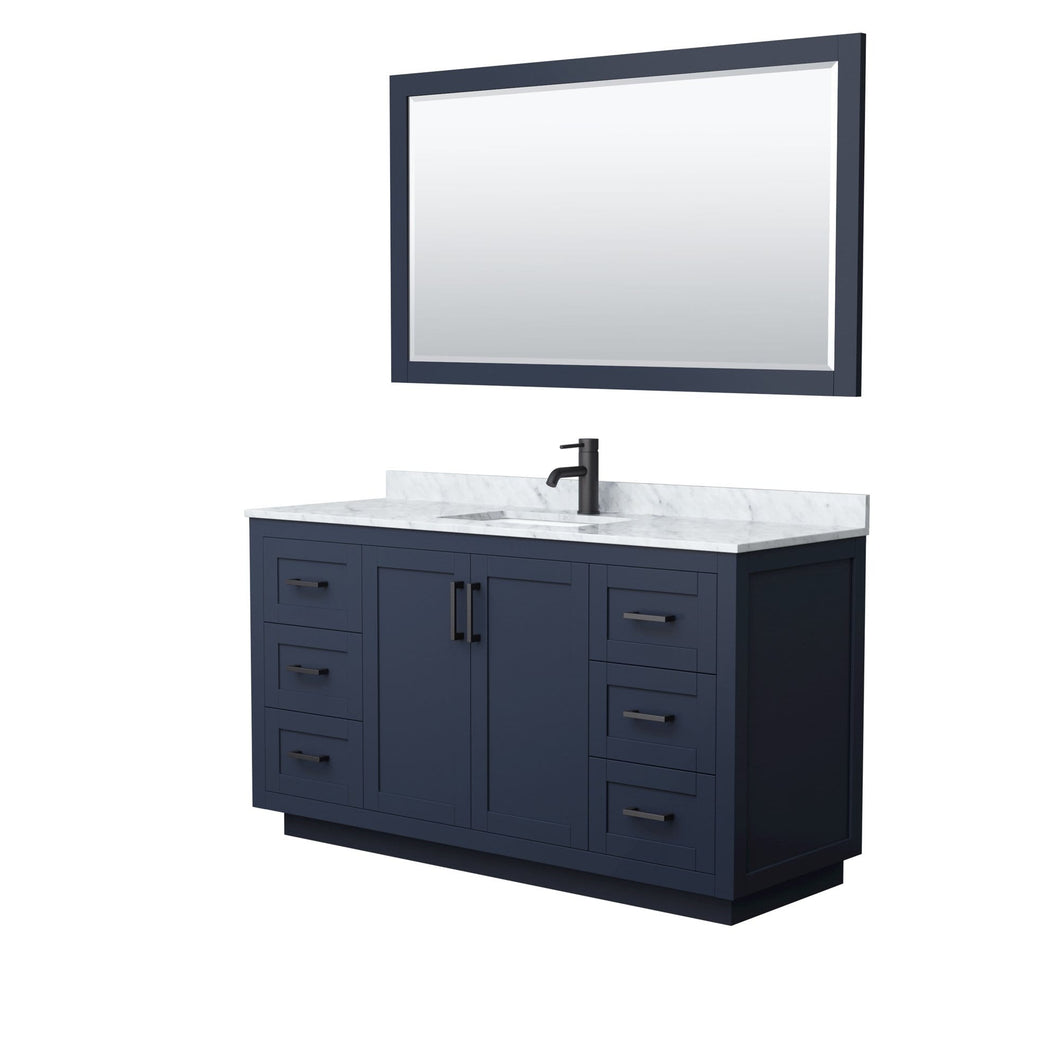 Wyndham Collection Vanity Wyndham Collection WCF292960SBBCMUNSM58 Miranda 60 Inch Single Bathroom Vanity in Dark Blue, White Carrara Marble Countertop, Undermount Square Sink, Matte Black Trim, 58 Inch Mirror