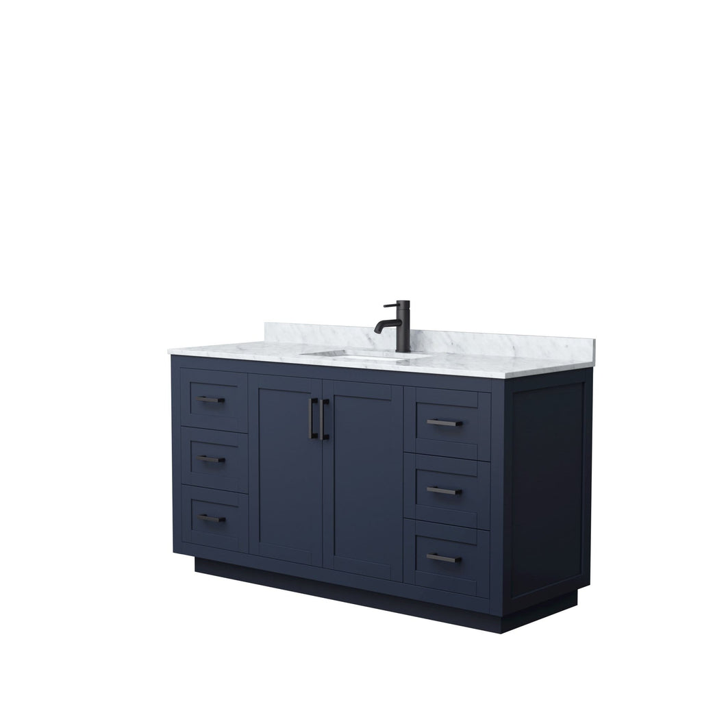 Wyndham Collection Vanity Wyndham Collection WCF292960SBBCMUNSMXX Miranda 60 Inch Single Bathroom Vanity in Dark Blue, White Carrara Marble Countertop, Undermount Square Sink, Matte Black Trim