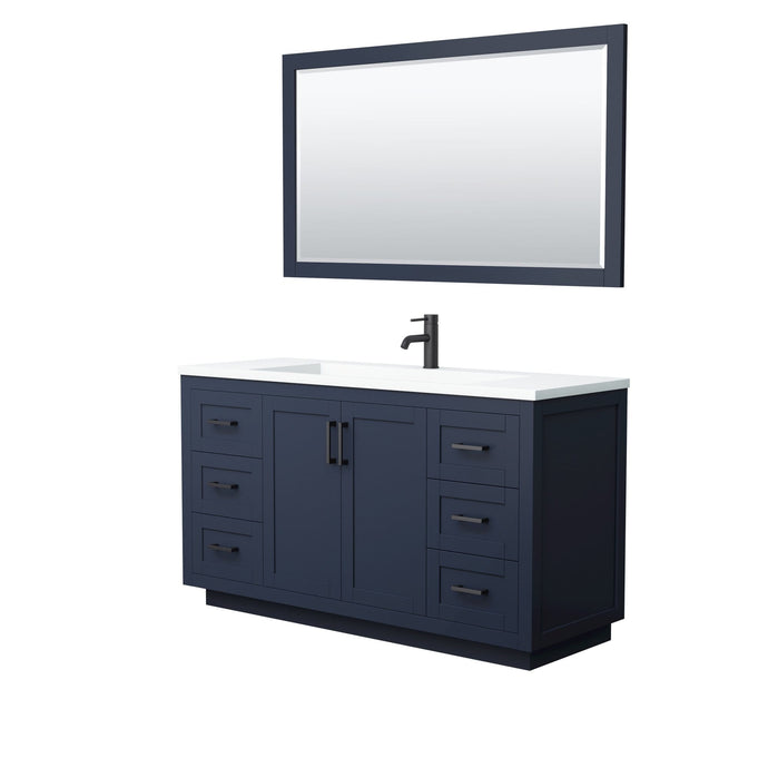 Wyndham Collection Vanity Wyndham Collection WCF292960SBBK1INTM58 Miranda 60 Inch Single Bathroom Vanity in Dark Blue, 1.25 Inch Thick Matte White Solid Surface Countertop, Integrated Sink, Matte Black Trim, 58 Inch Mirror