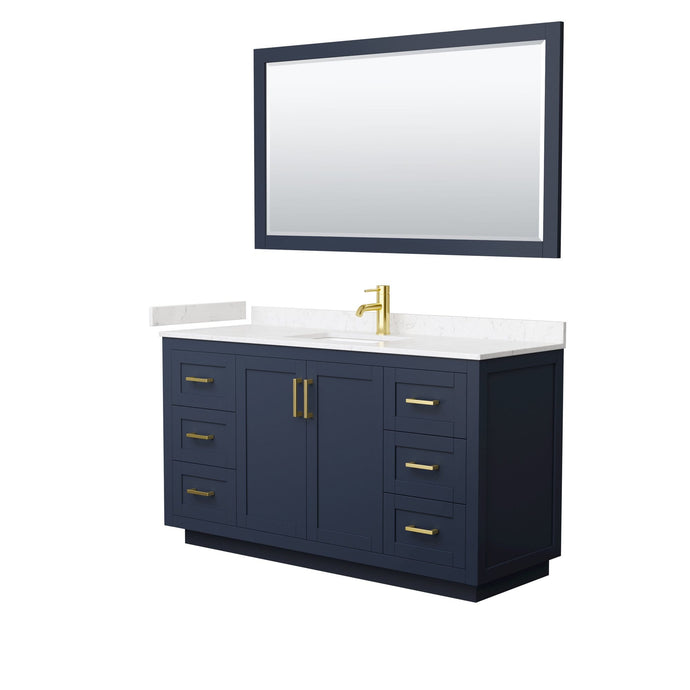 Wyndham Collection Vanity Wyndham Collection WCF292960SBLC2UNSM58 Miranda 60 Inch Single Bathroom Vanity in Dark Blue, Light-Vein Carrara Cultured Marble Countertop, Undermount Square Sink, Brushed Gold Trim, 58 Inch Mirror