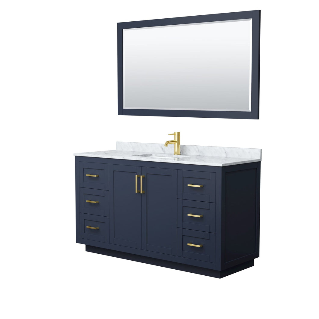 Wyndham Collection Vanity Wyndham Collection WCF292960SBLCMUNSM58 Miranda 60 Inch Single Bathroom Vanity in Dark Blue, White Carrara Marble Countertop, Undermount Square Sink, Brushed Gold Trim, 58 Inch Mirror
