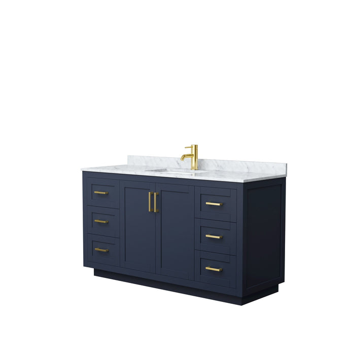 Wyndham Collection Vanity Wyndham Collection WCF292960SBLCMUNSMXX Miranda 60 Inch Single Bathroom Vanity in Dark Blue, White Carrara Marble Countertop, Undermount Square Sink, Brushed Gold Trim