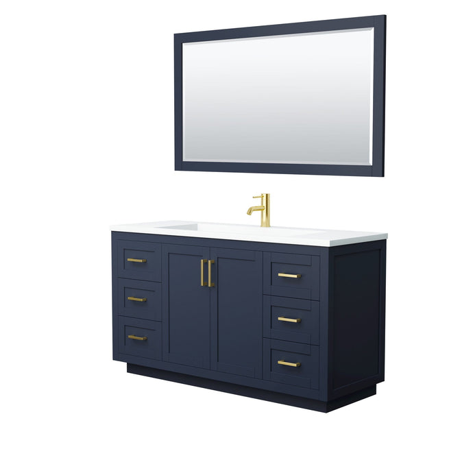 Wyndham Collection Vanity Wyndham Collection WCF292960SBLK1INTM58 Miranda 60 Inch Single Bathroom Vanity in Dark Blue, 1.25 Inch Thick Matte White Solid Surface Countertop, Integrated Sink, Brushed Gold Trim, 58 Inch Mirror
