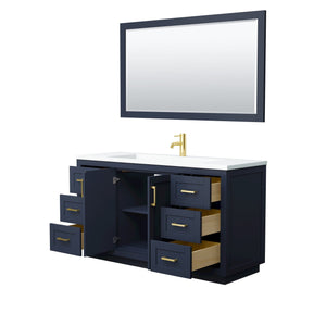 Wyndham Collection Vanity Wyndham Collection WCF292960SBLK1INTM58 Miranda 60 Inch Single Bathroom Vanity in Dark Blue, 1.25 Inch Thick Matte White Solid Surface Countertop, Integrated Sink, Brushed Gold Trim, 58 Inch Mirror