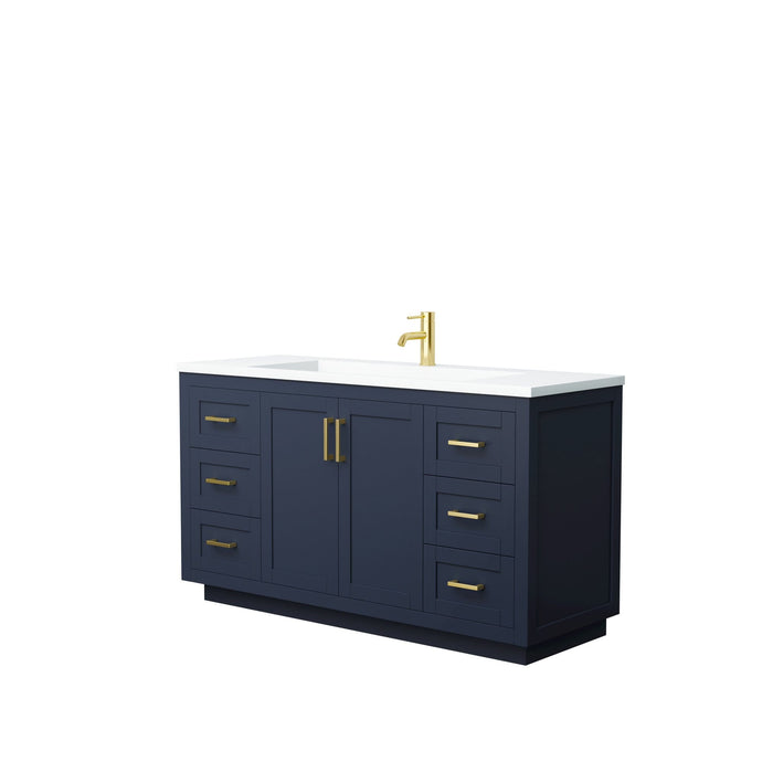 Wyndham Collection Vanity Wyndham Collection WCF292960SBLK1INTMXX Miranda 60 Inch Single Bathroom Vanity in Dark Blue, 1.25 Inch Thick Matte White Solid Surface Countertop, Integrated Sink, Brushed Gold Trim
