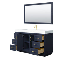 Load image into Gallery viewer, Wyndham Collection Vanity Wyndham Collection WCF292960SBLK4INTM58 Miranda 60 Inch Single Bathroom Vanity in Dark Blue, 4 Inch Thick Matte White Solid Surface Countertop, Integrated Sink, Brushed Gold Trim, 58 Inch Mirror