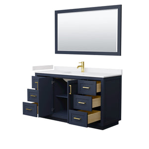 Wyndham Collection Vanity Wyndham Collection WCF292960SBLWCUNSM58 Miranda 60 Inch Single Bathroom Vanity in Dark Blue, White Cultured Marble Countertop, Undermount Square Sink, Brushed Gold Trim, 58 Inch Mirror