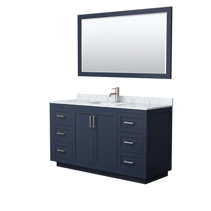 Wyndham Collection Vanity Wyndham Collection WCF292960SBNCMUNSM58 Miranda 60 Inch Single Bathroom Vanity in Dark Blue, White Carrara Marble Countertop, Undermount Square Sink, Brushed Nickel Trim, 58 Inch Mirror