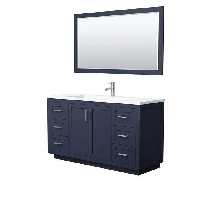 Wyndham Collection Vanity Wyndham Collection WCF292960SBNK1INTM58 Miranda 60 Inch Single Bathroom Vanity in Dark Blue, 1.25 Inch Thick Matte White Solid Surface Countertop, Integrated Sink, Brushed Nickel Trim, 58 Inch Mirror