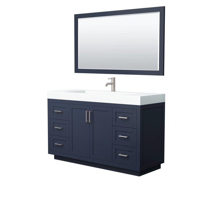 Wyndham Collection Vanity Wyndham Collection WCF292960SBNK4INTM58 Miranda 60 Inch Single Bathroom Vanity in Dark Blue, 4 Inch Thick Matte White Solid Surface Countertop, Integrated Sink, Brushed Nickel Trim, 58 Inch Mirror