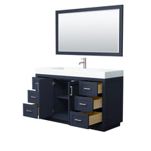 Load image into Gallery viewer, Wyndham Collection Vanity Wyndham Collection WCF292960SBNK4INTM58 Miranda 60 Inch Single Bathroom Vanity in Dark Blue, 4 Inch Thick Matte White Solid Surface Countertop, Integrated Sink, Brushed Nickel Trim, 58 Inch Mirror
