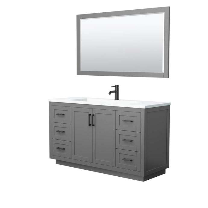 Wyndham Collection Vanity Wyndham Collection WCF292960SGBK1INTM58 Miranda 60 Inch Single Bathroom Vanity in Dark Gray, 1.25 Inch Thick Matte White Solid Surface Countertop, Integrated Sink, Matte Black Trim, 58 Inch Mirror