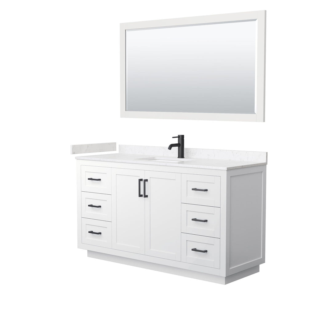 Wyndham Collection Vanity Wyndham Collection WCF292960SWBC2UNSM58 Miranda 60 Inch Single Bathroom Vanity in White, Light-Vein Carrara Cultured Marble Countertop, Undermount Square Sink, Matte Black Trim, 58 Inch Mirror