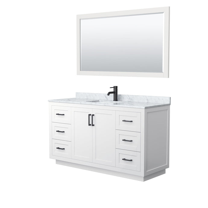 Wyndham Collection Vanity Wyndham Collection WCF292960SWBCMUNSM58 Miranda 60 Inch Single Bathroom Vanity in White, White Carrara Marble Countertop, Undermount Square Sink, Matte Black Trim, 58 Inch Mirror