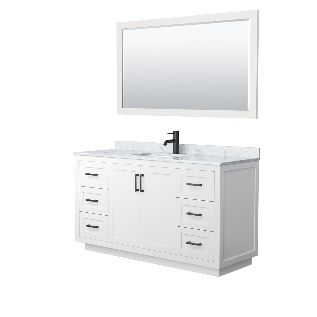 Wyndham Collection Vanity Wyndham Collection WCF292960SWBCMUNSM58 Miranda 60 Inch Single Bathroom Vanity in White, White Carrara Marble Countertop, Undermount Square Sink, Matte Black Trim, 58 Inch Mirror