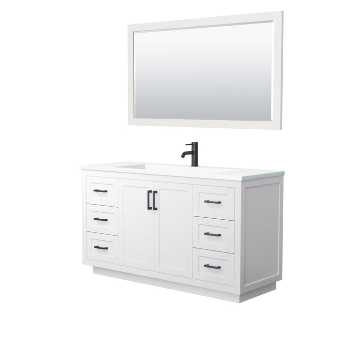 Wyndham Collection Vanity Wyndham Collection WCF292960SWBK1INTM58 Miranda 60 Inch Single Bathroom Vanity in White, 1.25 Inch Thick Matte White Solid Surface Countertop, Integrated Sink, Matte Black Trim, 58 Inch Mirror