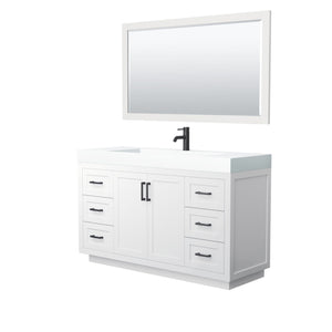 Wyndham Collection Vanity Wyndham Collection WCF292960SWBK4INTM58 Miranda 60 Inch Single Bathroom Vanity in White, 4 Inch Thick Matte White Solid Surface Countertop, Integrated Sink, Matte Black Trim, 58 Inch Mirror