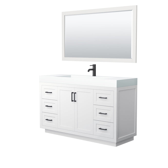 Wyndham Collection Vanity Wyndham Collection WCF292960SWBK4INTM58 Miranda 60 Inch Single Bathroom Vanity in White, 4 Inch Thick Matte White Solid Surface Countertop, Integrated Sink, Matte Black Trim, 58 Inch Mirror
