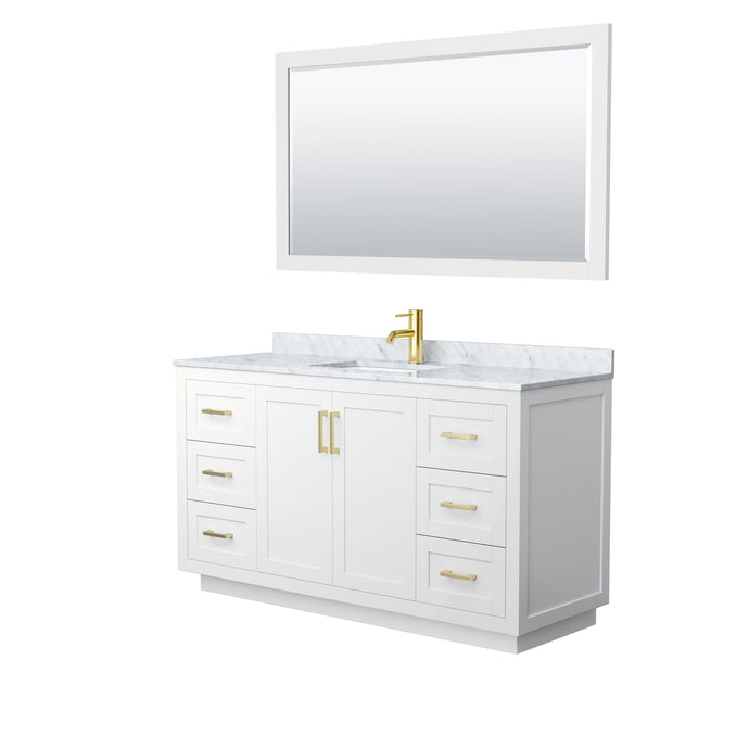 Wyndham Collection Vanity Wyndham Collection WCF292960SWGCMUNSM58 Miranda 60 Inch Single Bathroom Vanity in White, White Carrara Marble Countertop, Undermount Square Sink, Brushed Gold Trim, 58 Inch Mirror