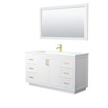 Load image into Gallery viewer, Wyndham Collection Vanity Wyndham Collection WCF292960SWGK1INTM58 Miranda 60 Inch Single Bathroom Vanity in White, 1.25 Inch Thick Matte White Solid Surface Countertop, Integrated Sink, Brushed Gold Trim, 58 Inch Mirror