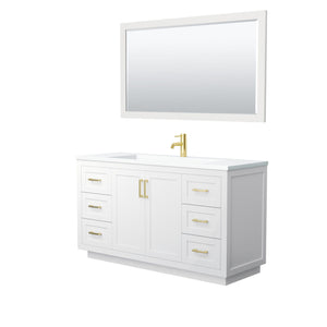 Wyndham Collection Vanity Wyndham Collection WCF292960SWGK1INTM58 Miranda 60 Inch Single Bathroom Vanity in White, 1.25 Inch Thick Matte White Solid Surface Countertop, Integrated Sink, Brushed Gold Trim, 58 Inch Mirror