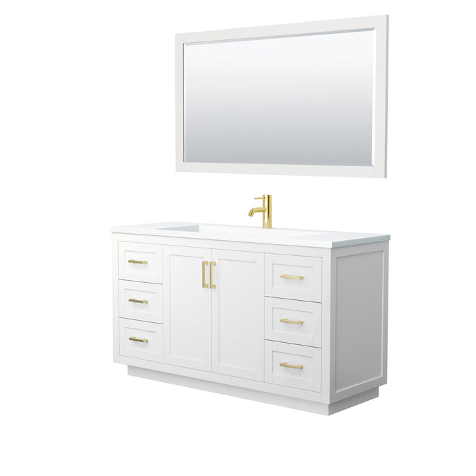 Wyndham Collection Vanity Wyndham Collection WCF292960SWGK1INTM58 Miranda 60 Inch Single Bathroom Vanity in White, 1.25 Inch Thick Matte White Solid Surface Countertop, Integrated Sink, Brushed Gold Trim, 58 Inch Mirror