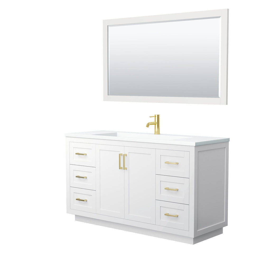 Wyndham Collection Vanity Wyndham Collection WCF292960SWGK1INTM58 Miranda 60 Inch Single Bathroom Vanity in White, 1.25 Inch Thick Matte White Solid Surface Countertop, Integrated Sink, Brushed Gold Trim, 58 Inch Mirror