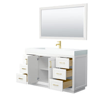 Load image into Gallery viewer, Wyndham Collection Vanity Wyndham Collection WCF292960SWGK4INTM58 Miranda 60 Inch Single Bathroom Vanity in White, 4 Inch Thick Matte White Solid Surface Countertop, Integrated Sink, Brushed Gold Trim, 58 Inch Mirror