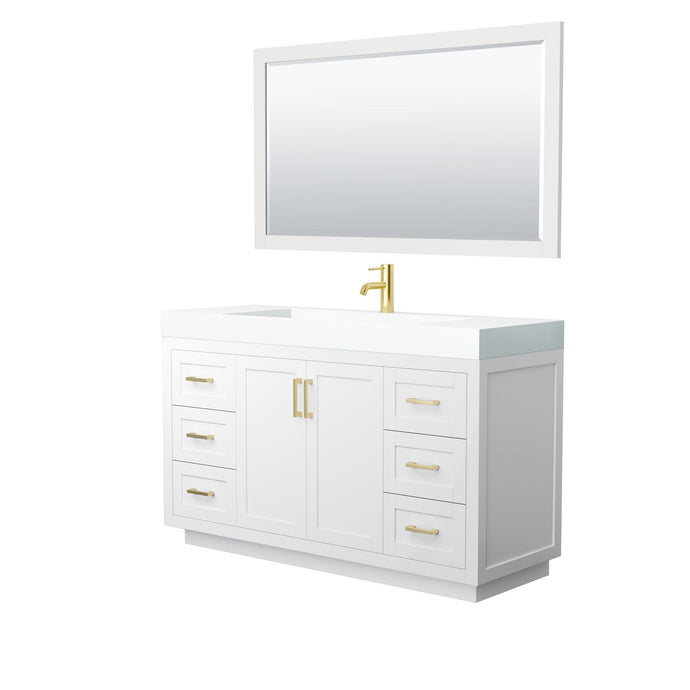 Wyndham Collection Vanity Wyndham Collection WCF292960SWGK4INTM58 Miranda 60 Inch Single Bathroom Vanity in White, 4 Inch Thick Matte White Solid Surface Countertop, Integrated Sink, Brushed Gold Trim, 58 Inch Mirror