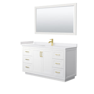 Wyndham Collection Vanity Wyndham Collection WCF292960SWGWCUNSM58 Miranda 60 Inch Single Bathroom Vanity in White, White Cultured Marble Countertop, Undermount Square Sink, Brushed Gold Trim, 58 Inch Mirror