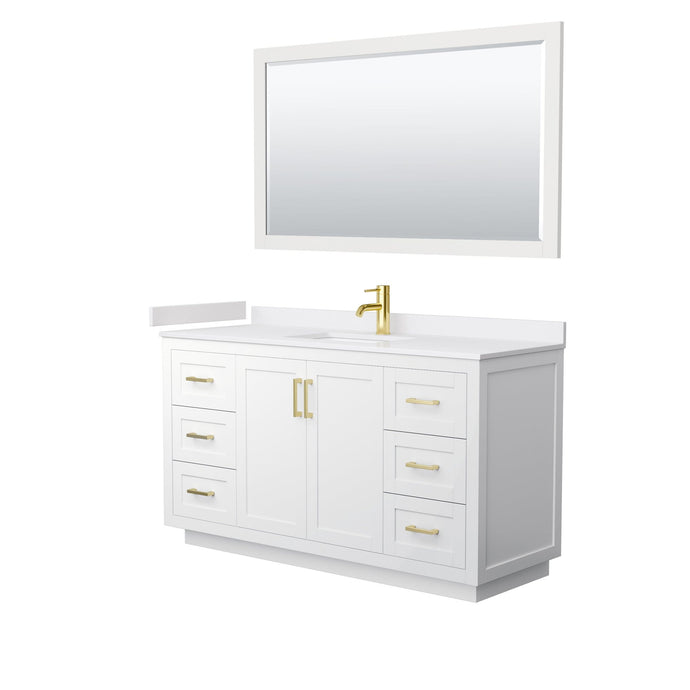 Wyndham Collection Vanity Wyndham Collection WCF292960SWGWCUNSM58 Miranda 60 Inch Single Bathroom Vanity in White, White Cultured Marble Countertop, Undermount Square Sink, Brushed Gold Trim, 58 Inch Mirror