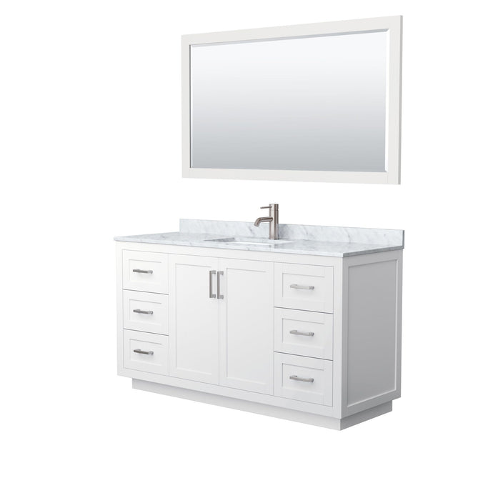 Wyndham Collection Vanity Wyndham Collection WCF292960SWHCMUNSM58 Miranda 60 Inch Single Bathroom Vanity in White, White Carrara Marble Countertop, Undermount Square Sink, Brushed Nickel Trim, 58 Inch Mirror