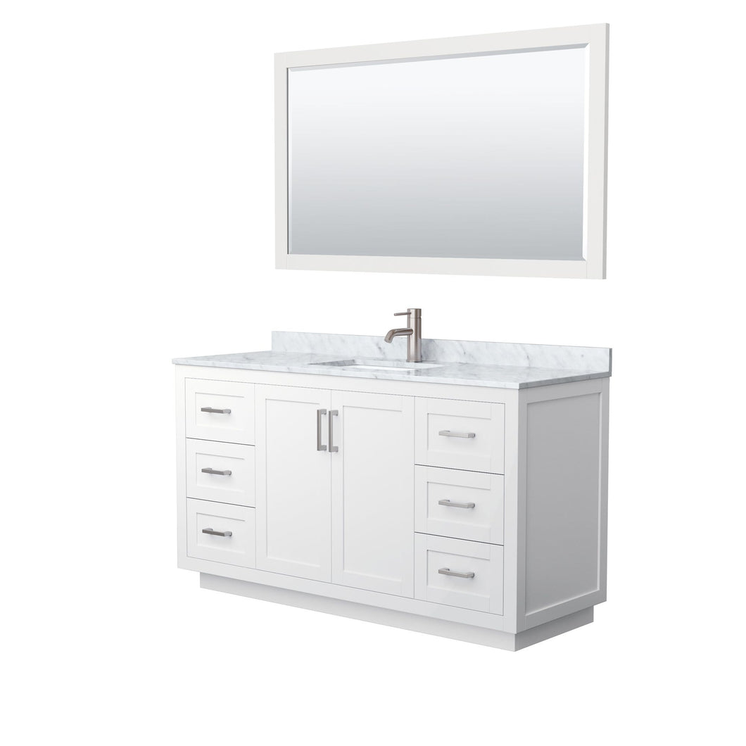 Wyndham Collection Vanity Wyndham Collection WCF292960SWHCMUNSM58 Miranda 60 Inch Single Bathroom Vanity in White, White Carrara Marble Countertop, Undermount Square Sink, Brushed Nickel Trim, 58 Inch Mirror