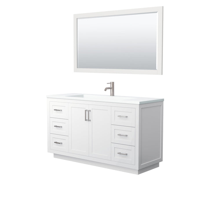 Wyndham Collection Vanity Wyndham Collection WCF292960SWHK1INTM58 Miranda 60 Inch Single Bathroom Vanity in White, 1.25 Inch Thick Matte White Solid Surface Countertop, Integrated Sink, Brushed Nickel Trim, 58 Inch Mirror