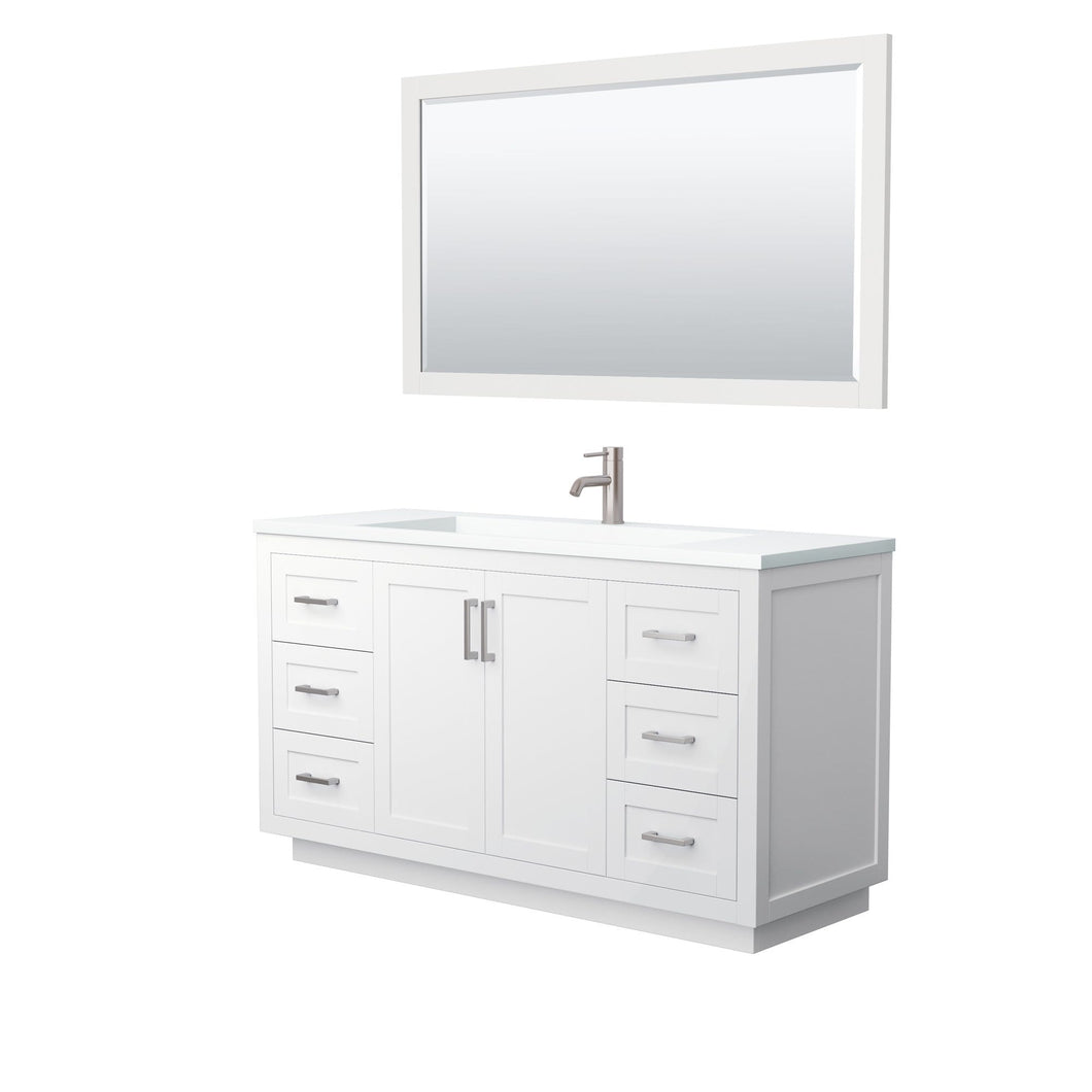 Wyndham Collection Vanity Wyndham Collection WCF292960SWHK1INTM58 Miranda 60 Inch Single Bathroom Vanity in White, 1.25 Inch Thick Matte White Solid Surface Countertop, Integrated Sink, Brushed Nickel Trim, 58 Inch Mirror