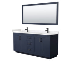 Load image into Gallery viewer, Wyndham Collection Vanity Wyndham Collection WCF292972DBBC2UNSM70 Miranda 72 Inch Double Bathroom Vanity in Dark Blue, Light-Vein Carrara Cultured Marble Countertop, Undermount Square Sinks, Matte Black Trim, 70 Inch Mirror