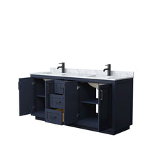 Load image into Gallery viewer, Wyndham Collection Vanity Wyndham Collection WCF292972DBBCMUNSMXX Miranda 72 Inch Double Bathroom Vanity in Dark Blue, White Carrara Marble Countertop, Undermount Square Sinks, Matte Black Trim