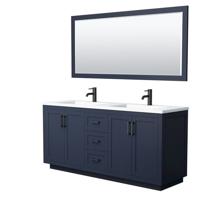 Wyndham Collection Vanity Wyndham Collection WCF292972DBBK1INTM70 Miranda 72 Inch Double Bathroom Vanity in Dark Blue, 1.25 Inch Thick Matte White Solid Surface Countertop, Integrated Sinks, Matte Black Trim, 70 Inch Mirror