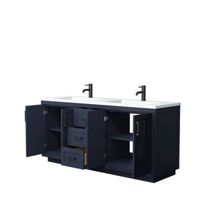 Wyndham Collection Vanity Wyndham Collection WCF292972DBBK1INTMXX Miranda 72 Inch Double Bathroom Vanity in Dark Blue, 1.25 Inch Thick Matte White Solid Surface Countertop, Integrated Sinks, Matte Black Trim