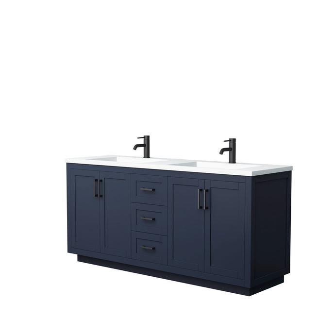 Wyndham Collection Vanity Wyndham Collection WCF292972DBBK1INTMXX Miranda 72 Inch Double Bathroom Vanity in Dark Blue, 1.25 Inch Thick Matte White Solid Surface Countertop, Integrated Sinks, Matte Black Trim