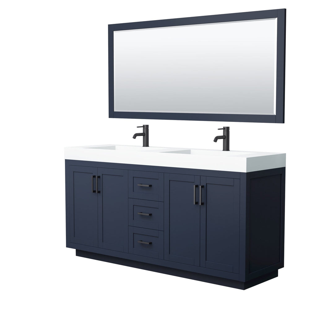 Wyndham Collection Vanity Wyndham Collection WCF292972DBBK4INTM70 Miranda 72 Inch Double Bathroom Vanity in Dark Blue, 4 Inch Thick Matte White Solid Surface Countertop, Integrated Sinks, Matte Black Trim, 70 Inch Mirror