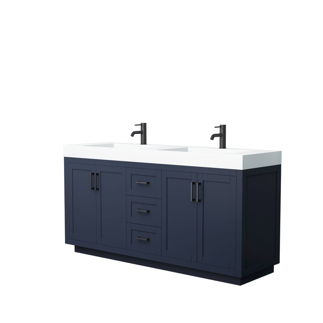 Wyndham Collection Vanity Wyndham Collection WCF292972DBBK4INTMXX Miranda 72 Inch Double Bathroom Vanity in Dark Blue, 4 Inch Thick Matte White Solid Surface Countertop, Integrated Sinks, Matte Black Trim